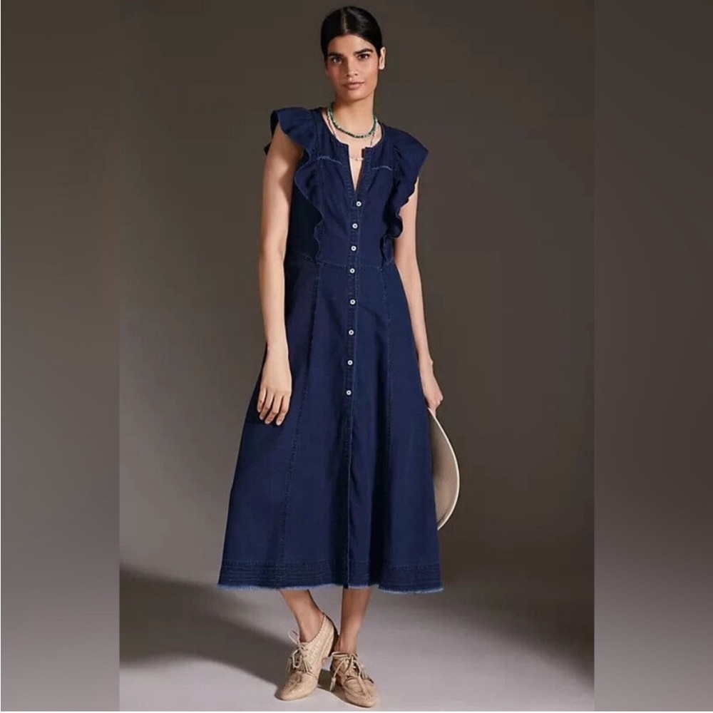 Anthropologie Pilcro Blue Sustainable Ruffle Sleeve Midi Dress Size 0 - Picture 1 of 3
